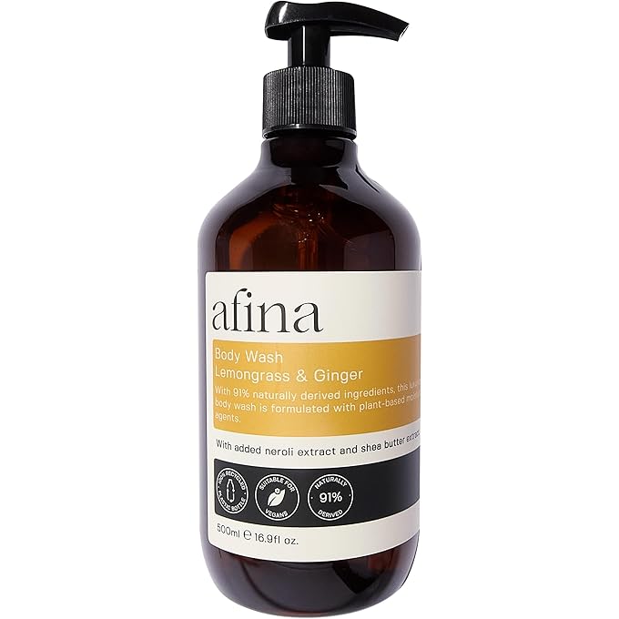 Afina Lemongrass & Ginger Luxury Body Wash - 500ml Shower Gel Bottle - Lemon, Bergamot & Ginger Notes with a Deep Base of Musk, Cedarwood & Heliotrope - Vegan Friendly Body Wash - UK Produced